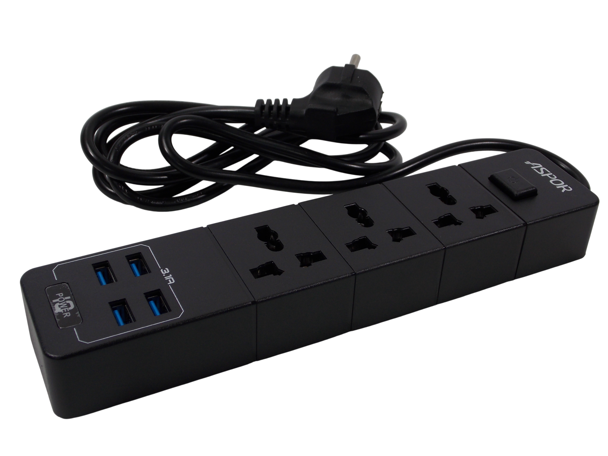 Сетевой удлинитель ASPOR  А 501 / 2 метра / 3 розетки  / 4 порта USB