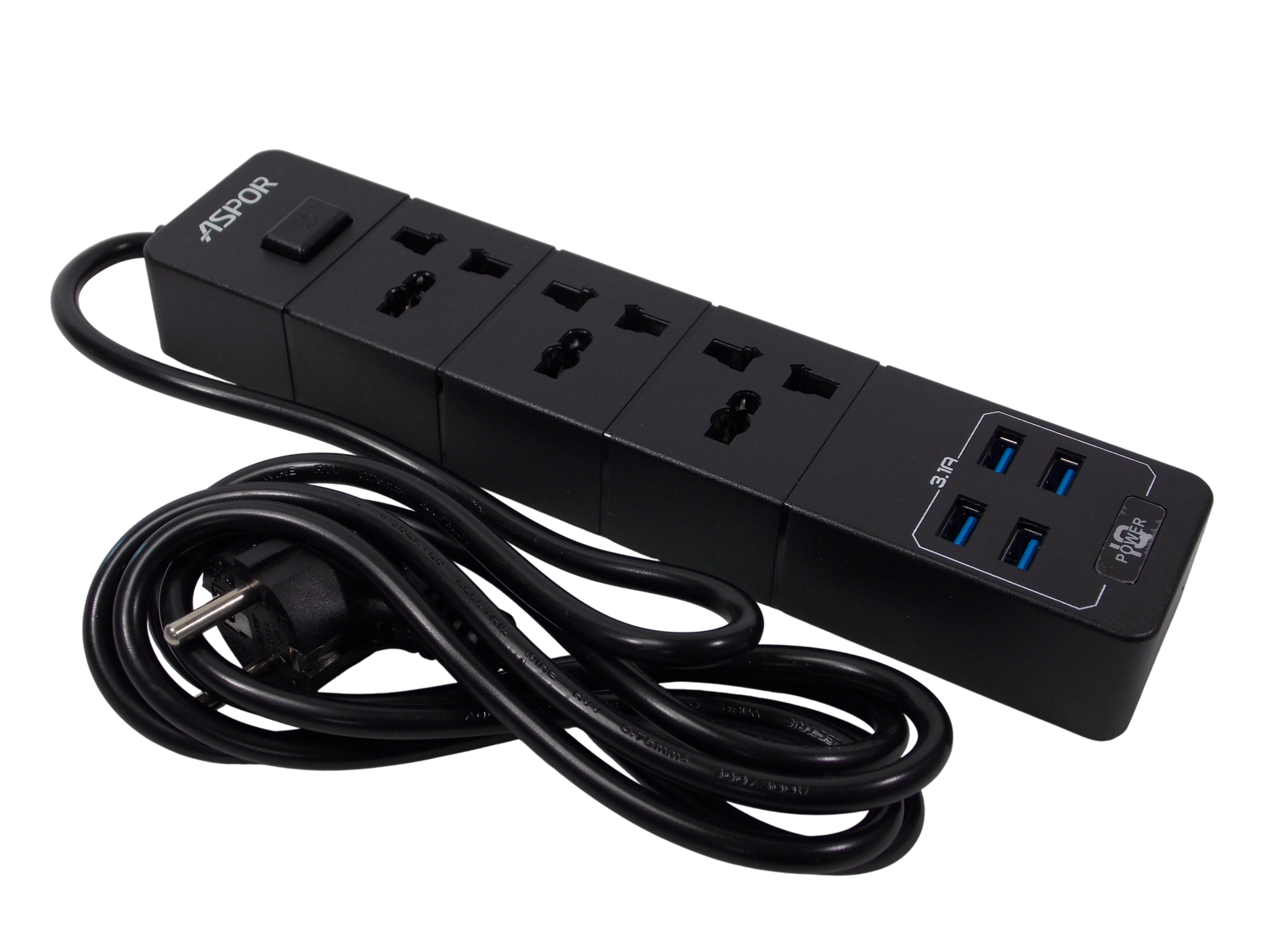 Сетевой удлинитель ASPOR  А 501 / 2 метра / 3 розетки  / 4 порта USB