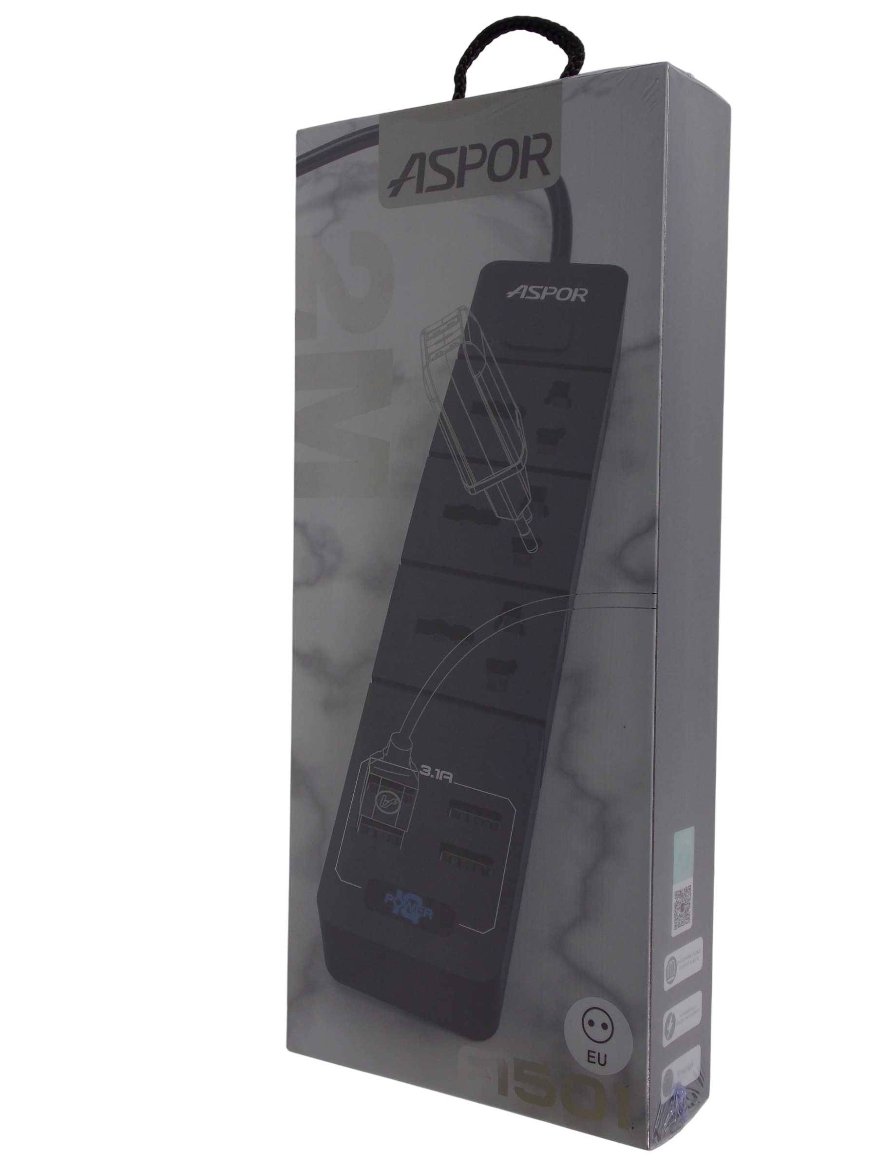 Сетевой удлинитель ASPOR  А 501 / 2 метра / 3 розетки  / 4 порта USB